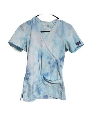 Cherokee Workwear Scrub Top Size XS Blue Tie Dye Pockets Medical Nursing Uniform